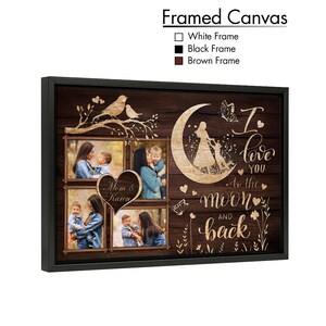 K&ouml;nnte beinhalten: Gerahmte Leinwandkunst mit schwarzem Rahmen. Das Kunstwerk zeigt Familienfotos, einen Mond und den Text "I love you to the moon and back". Das Design umfasst V&ouml;gel, Schmetterlinge und florale Elemente.