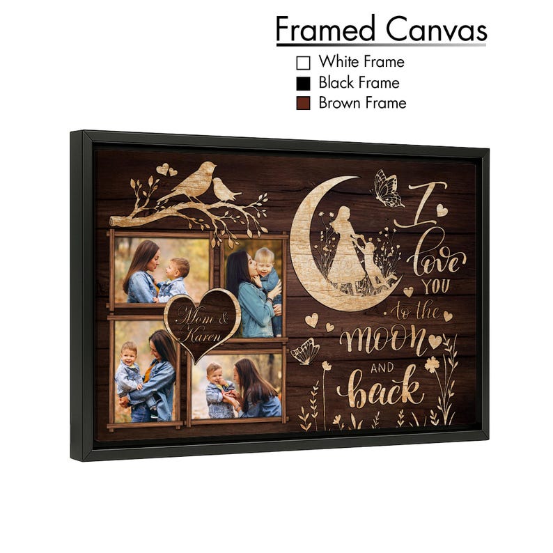 K&ouml;nnte beinhalten: Gerahmte Leinwandkunst mit schwarzem Rahmen. Das Kunstwerk zeigt Familienfotos, einen Mond und den Text "I love you to the moon and back". Das Design umfasst V&ouml;gel, Schmetterlinge und florale Elemente.