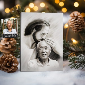 Caja fuerte personalizada en los brazos de Jesús - Archivos digitales - Arte conmemorativo personalizado - Retrato con Jesús - Regalo de Navidad - Pintura cristiana a lápiz