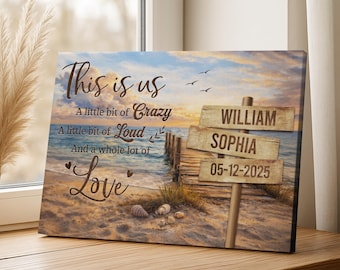 Personalized Beach Canvas, Coastal Couple Name Sign, Anniversary Gift