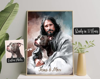 Personalized Jesus & Pitbull Portrait: Custom Pet Memorial Art (Digital Files)