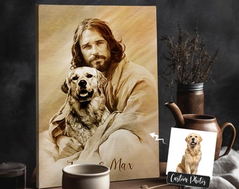 Personalized Dog Canvas: Jesus Holding Dog Pencil Sketch - Christian Art
