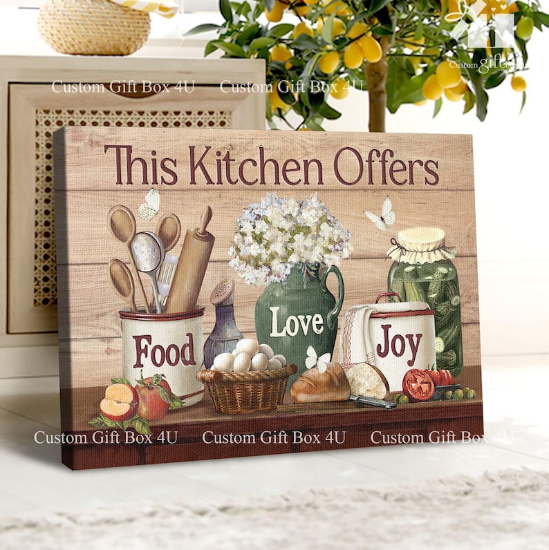 Rustic Kitchen Wall Art: Food, Love, Joy - Vintage Farmhouse Decor image 1