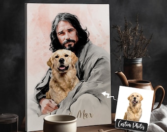 Personalized Dog Canvas: Jesus Holding Dog Watercolor Portrait
