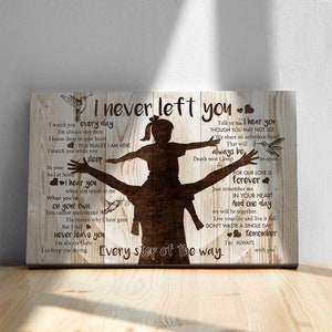 May include: A wood-grain background with a silhouette of a parent carrying a child on their shoulders. The image features a hummingbird and the text "I never left you. Every step of the way." The text also includes a message of love and support for a loved one.
