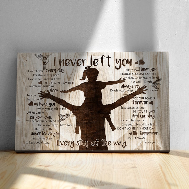 May include: A wood-grain background with a silhouette of a parent carrying a child on their shoulders. The image features a hummingbird and the text "I never left you. Every step of the way." The text also includes a message of love and support for a loved one.