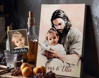 Personalized Memorial Canvas: Jesus Holding Child Watercolor Art