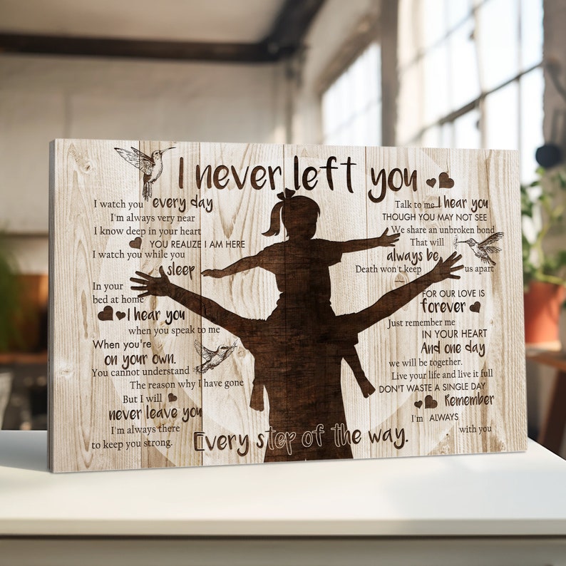 May include: A wood-grain background with a silhouette of a father carrying a child on his shoulders. The image features the text "I never left you" and "Every step of the way." The text is in a brown font and includes a heart symbol.