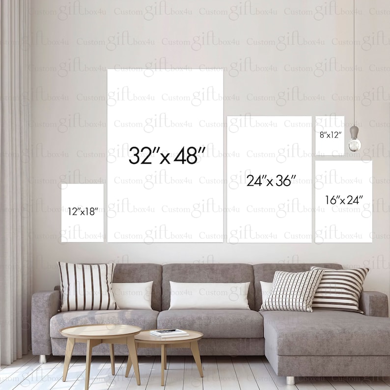 May include: A living room interior with a gray sectional sofa and three white framed canvases on the wall. The canvases are labeled with different sizes: 12" x 18", 24" x 36", 32" x 48", 8" x 12", and 16" x 24".