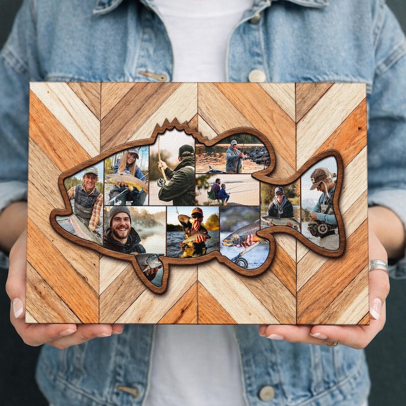 Personalized Fishing Photo Collage Canvas, Custom Fish Shape Keepsake ...