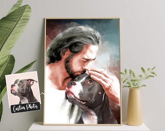 Personalized Jesus and Pitbull Dog Art - Custom Pet Portrait (Digital Files)