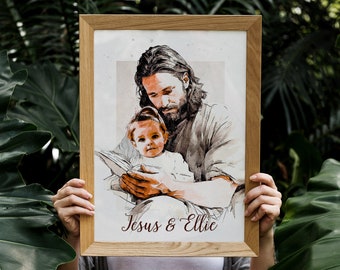 Your Child Safe In The Arms of God Watercolor - Digital Files - Personalized Jesus Holding Baby Memorial - Child And God - Christ And Baby