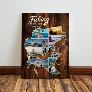 May include: A collage of fishing photos in a fish silhouette on a wood background. The text "Fishing is not just a sport, it's a way of life" is at the top of the image.