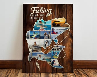 May include: A collage of fishing photos in a fish silhouette on a wood background. The text "Fishing is not just a sport, it's a way of life" is at the top of the image.