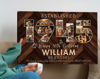 May include: A wood-grain background with a photo collage of a family in the shape of the numbers 1945. The text "ESTABLISHED" is at the top of the image. The text "Happy 80th Birthday William 05.03.1945 Wishing you a day filled with and a year filled with joy" is at the bottom of the image.