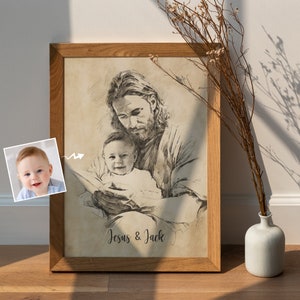 Personalized Your Child Safe In The Arms of God - Digital File Download - Child And God - Jesus Holding Baby Pencil Sketch - Christ And Baby