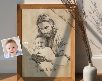 May include: A black and white pencil sketch of Jesus holding a baby. The baby's face is replaced with a photo of a young child. The text "Jesus & Jack" is written below the image.