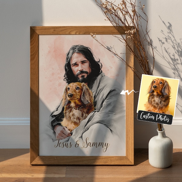 Fichiers numériques - personnalisation de votre chien en toute sécurité dans les bras de Dieu - Jésus tenant un chien aquarelle - Dieu et chien - Christ et chiens - Art chrétien