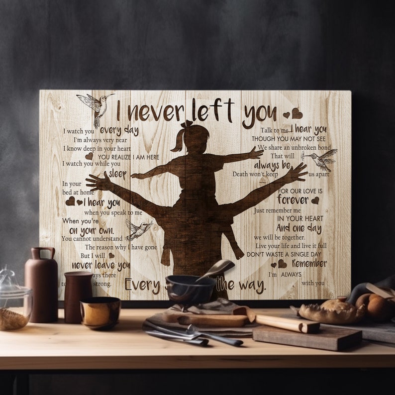 May include: A wooden sign with a silhouette of a father carrying a child on his shoulders. The sign has a brown wood grain background and features the text "I never left you" and a message about love and remembrance.