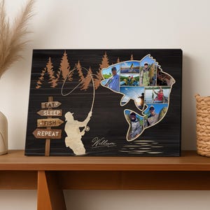 Personalized Fishing Gift Custom Photo Collage Fish, Gift for Fisherman Dad, Eat Sleep Fish Repeat Wall Art, Rustic Cabin Decor