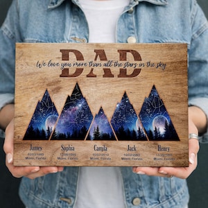 May include: Wooden plaque with the word "DAD" and the phrase "We love you more than all the stars in the sky." Features mountain silhouettes with a starry night sky design. Includes names, birthdates, and locations.