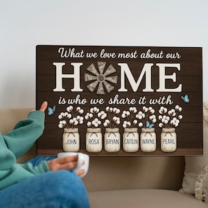 Personalized Mother&#39;s Day Canvas - Custom Family Name Sign - What We Love Most About Home Canvas -Custom Family Names - Gift for Mom Dad