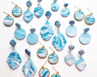 Blue, Gold, White, and Translucent Earrings, Clouds, Waterfall, Bridesmaid Jewelry, Lightweight, Polymer Clay, Sky Collection, Gifts for Mom