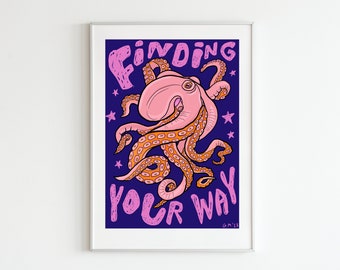 PRINTED octopus print (dark version) | Octopus poster, quote print, colourful illustration, octopus wall art