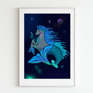 PRINTED seahorse poster fantasy | Hippocampus poster, galaxy print, colourful illustration, cosmic wall art