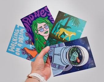 Postcards - card set of 4, A6 art prints, colourful cards, mini prints, illustration postcards