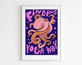 DIGITAL octopus print (dark version) | Octopus poster, quote printable, instant digital downloads, colourful illustration, octopus wall art