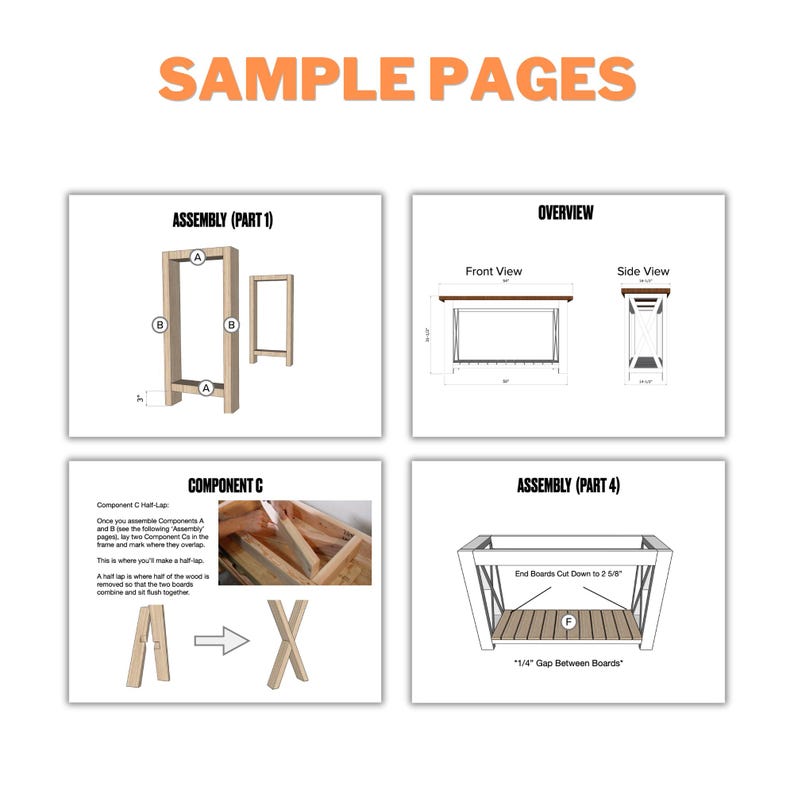 May include: Diagrams of a woodworking project, including assembly instructions and an overview. The diagrams show different views and steps, with labels and measurements in inches. The text "SAMPLE PAGES" is at the top.