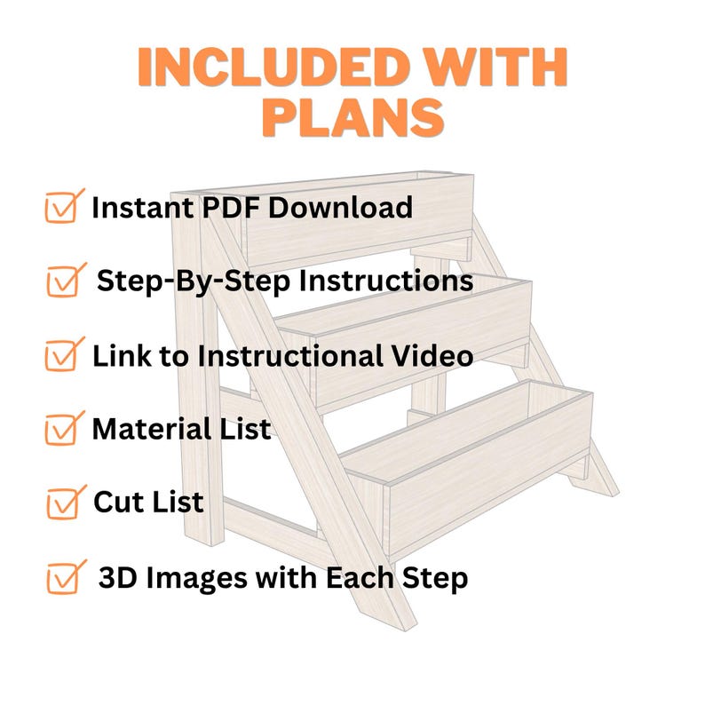 May include: A light-colored wooden tiered planter with three rectangular boxes. The image includes text: "INCLUDED WITH PLANS" and lists features such as "Instant PDF Download" and "Step-By-Step Instructions."