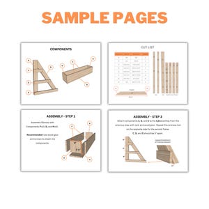 May include: Four instructional pages with diagrams and text for a woodworking project. The top page shows components, the second shows a cut list, and the bottom pages detail assembly steps. The text "SAMPLE PAGES" is at the top.