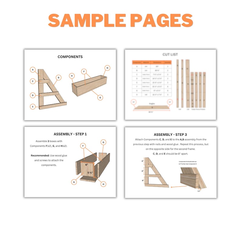 May include: Four instructional pages with diagrams and text for a woodworking project. The top page shows components, the second shows a cut list, and the bottom pages detail assembly steps. The text "SAMPLE PAGES" is at the top.