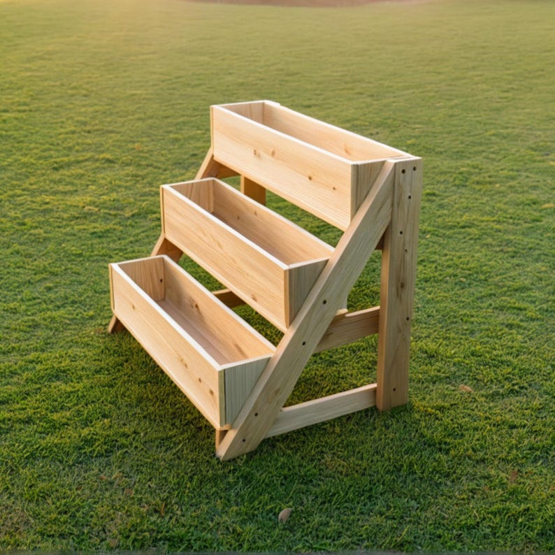 May include: A three-tiered wooden planter box, constructed from light-colored wood. The planter has three rectangular boxes, each slightly smaller than the one above. The structure is set on a grassy lawn, suggesting outdoor use for gardening.