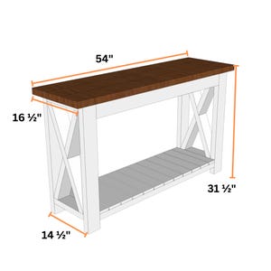 May include: A wooden console table with a dark brown top and white base. The table is 54 inches long, 16.5 inches wide, 31.5 inches high, and 14.5 inches deep. It features an X-shaped design on the sides and a slatted shelf.