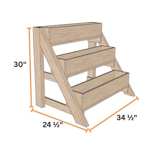 May include: A three-tiered wooden planter stand. The stand is 30 inches tall, 24.5 inches wide, and 34.5 inches long. Each tier features a rectangular planter box. The wood has a natural, light brown color.