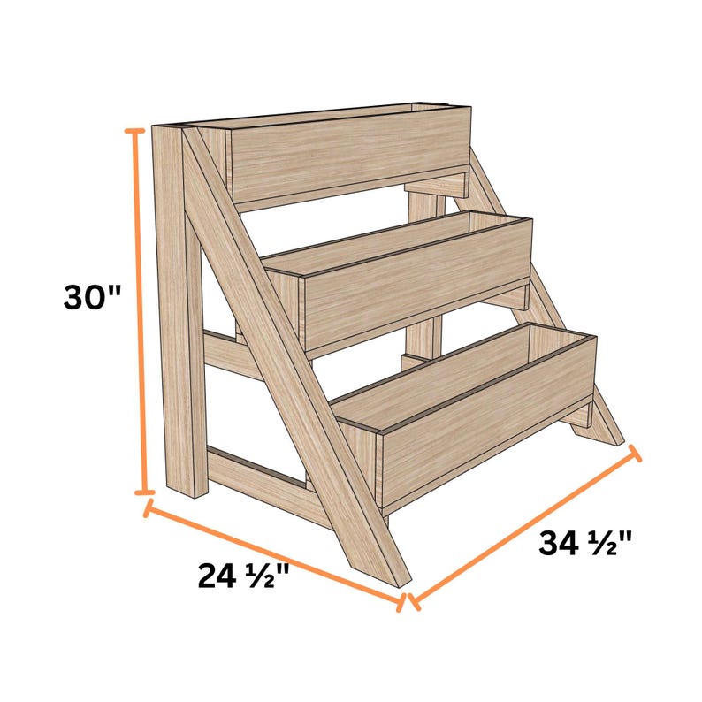 May include: A three-tiered wooden planter stand. The stand is 30 inches tall, 24.5 inches wide, and 34.5 inches long. Each tier features a rectangular planter box. The wood has a natural, light brown color.