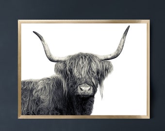 Impressão de vaca Highland - arte de parede para impressão - preto e branco, decoração de quarto aconchegante, arte de parede ocidental, download digital, pôster de vaca Highland, casa de fazenda