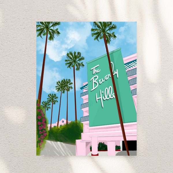 DIGITAL DOWNLOAD: Beverly Hills Hotel - 5x7, 8x10, 11x14, 18x24, 24x36 Prints | Girly graphic art, classic Los Angeles pink & green vibe