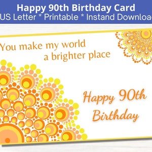 Milestone 90th Birthday Card for Men or Women, Unique Printable Mandala 90th Birthday Card