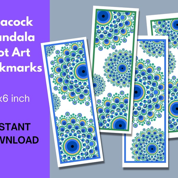 Mandala Artwork Printable Bookmarks, Unique Peacock Feather Mandala Dot Art Bookmark Set