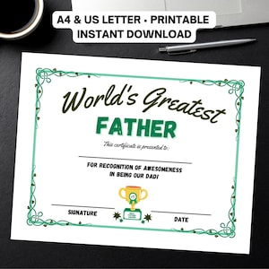 World&#39;s Greatest Dad Certificate: Printable Father&#39;s Day Award (Digital Download)