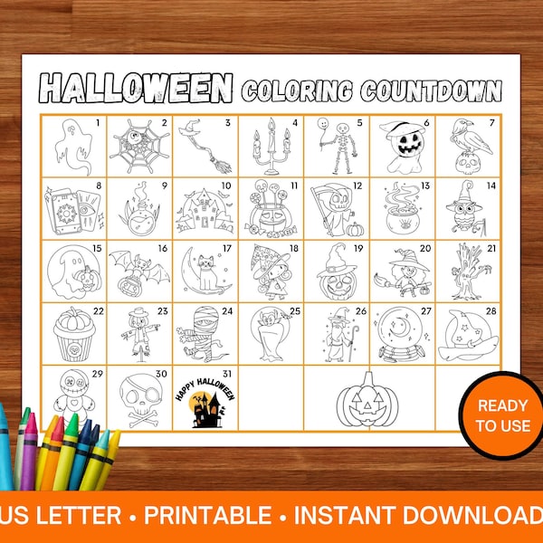 Halloween Countdown Calendar, Halloween Advent Coloring Page Printable, October 2023 Calendar