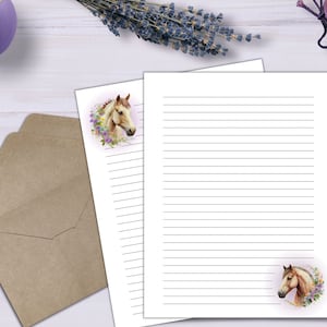 Cancelleria stampabile con cavalli ad acquerello, carta da lettere foderata, carta per appunti per gli amanti dei cavalli, set di carta da lettere foderata per amico di penna