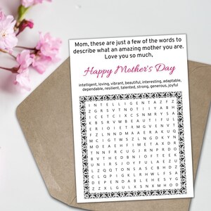 Cartão de caça-palavras para o Dia das Mães para imprimir, Cartão de Feliz Dia das Mães de filho ou filha, Cartão de felicitações em branco para a mãe de crianças