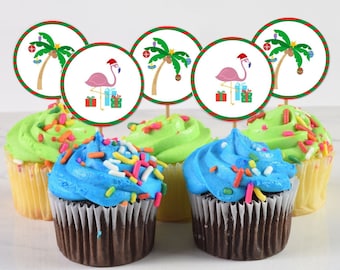 Christmas in July Cake Toppers and Gift tags, Christmas in July Round Gift Tag and Cupcake Toppers, Tropical Christmas Tags