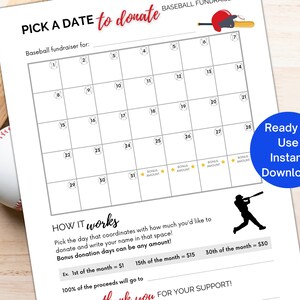 Baseball-Spendenkalender, wählen Sie ein Datum aus, um Baseball druckbar zu spenden, Baseball-Kalender-Spendenaktion