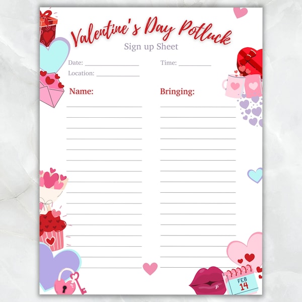 Valentine's Day Potluck Sign up Sheet, Galentine's Day Snacks Sign up Page, Valentines Potluck Party Template